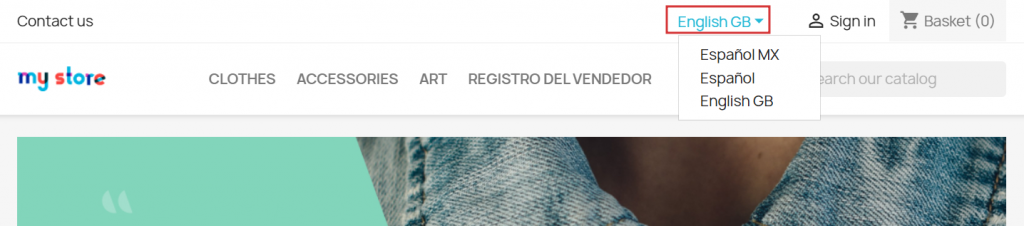 Sección para cambiar idiomas en un sitio web de PrestaShop