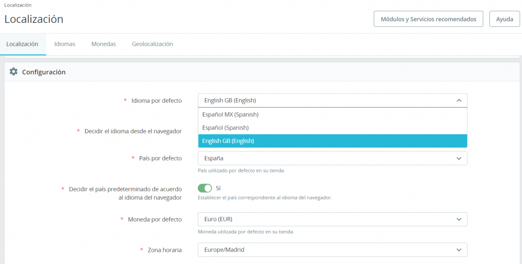 Sección para determinar un idioma en PrestaShop