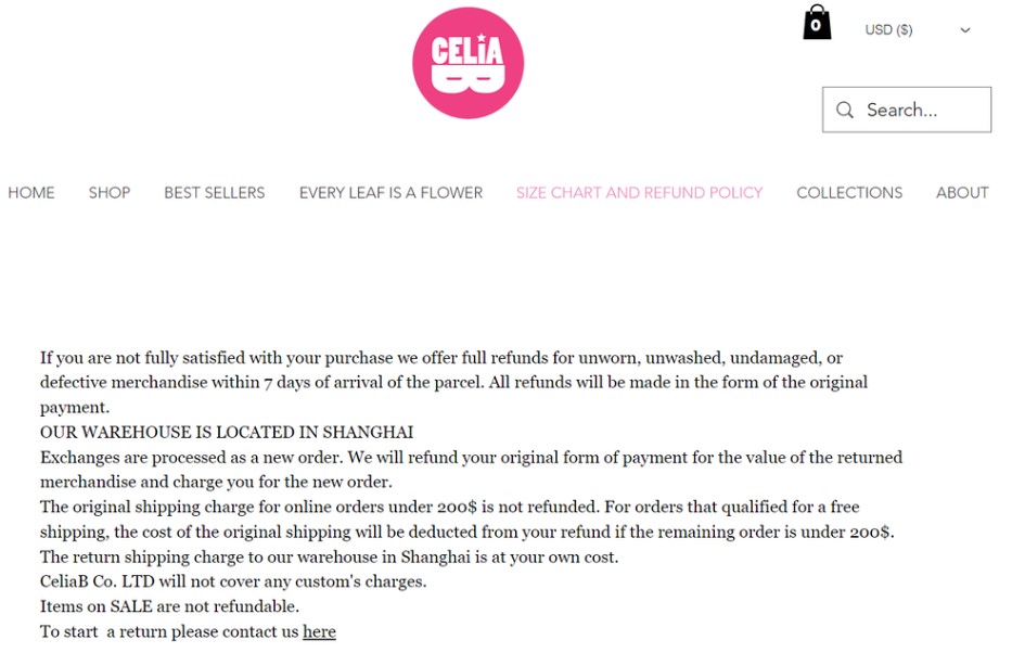 Ejemplo de política de devolución y reembolsos de la empresa CeliaB