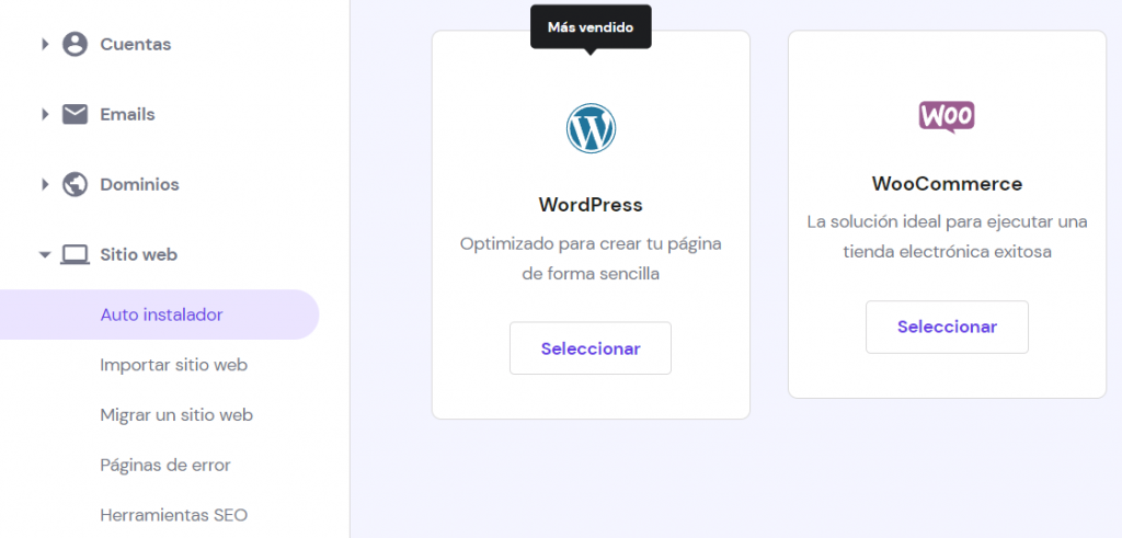 Sección auto instalador del hPanel.