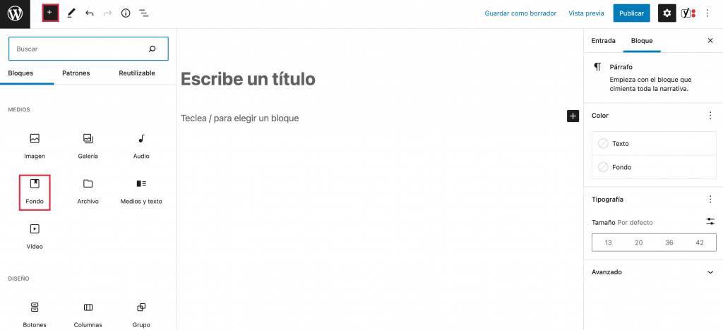 Elegir bloque Fondo en WordPress.