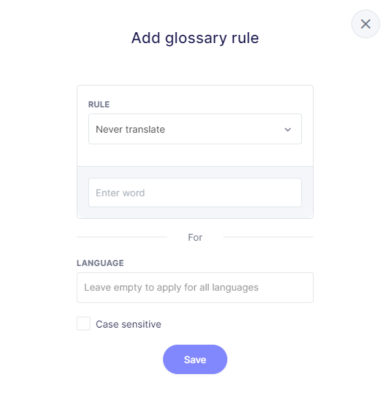 Pestaña para añadir regla al glosario en Weglot