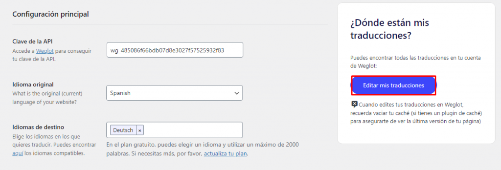 Botón Editar mis traducciones de Weglot