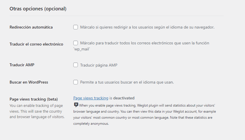 Sección Otras opciones en el plugin Weglot
