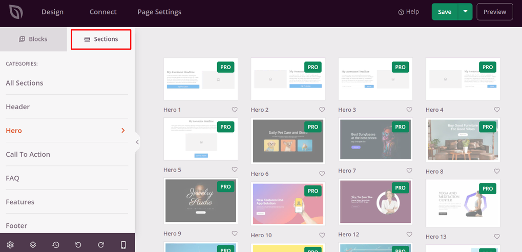 Secciones prefabricadas para crear una landing page