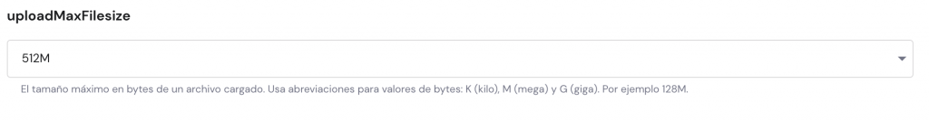 Menú de configuraciones PHP de Hostinger sección uploadMaxFilesize
