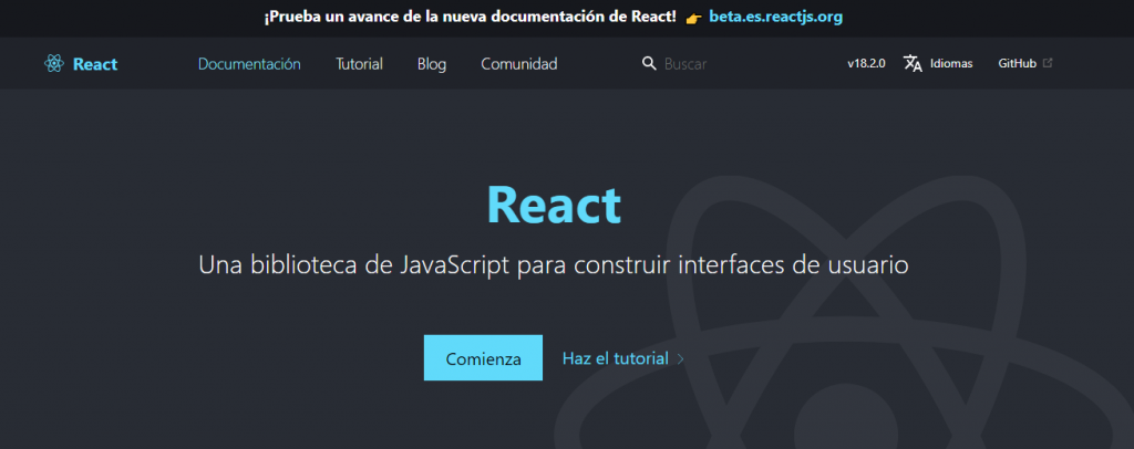 Página de inicio de la herramienta de programación React