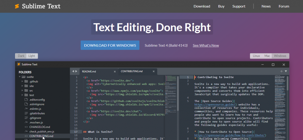 Página de inicio de la herramienta de programación Sublime Text