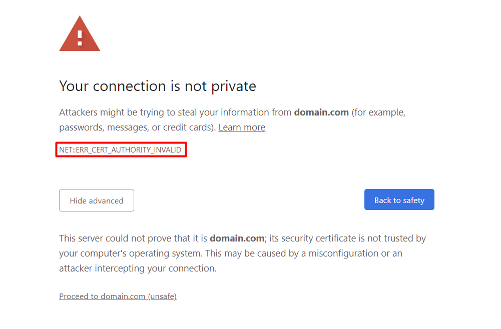 Visualización del error NET::ERR_CERT_AUTHORITY_INVALID en Google Chrome