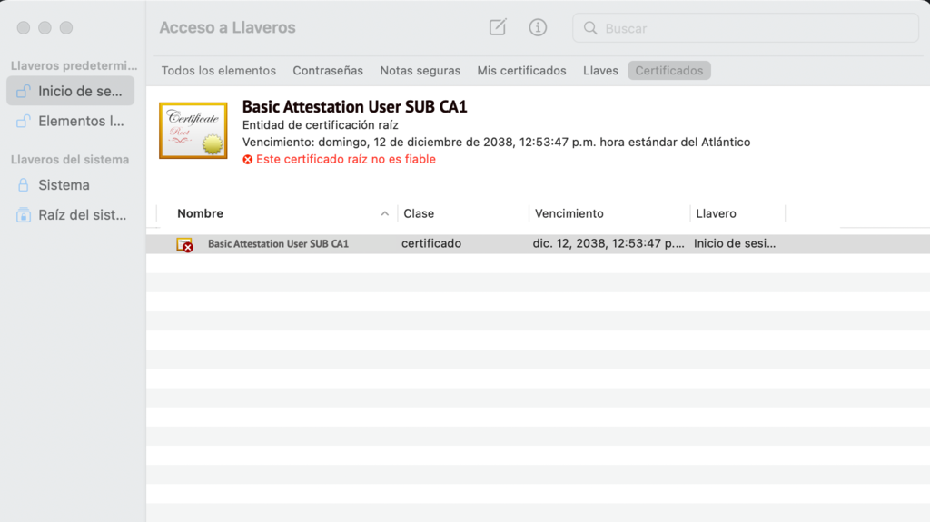Sección de Acceso a llavero de macOS