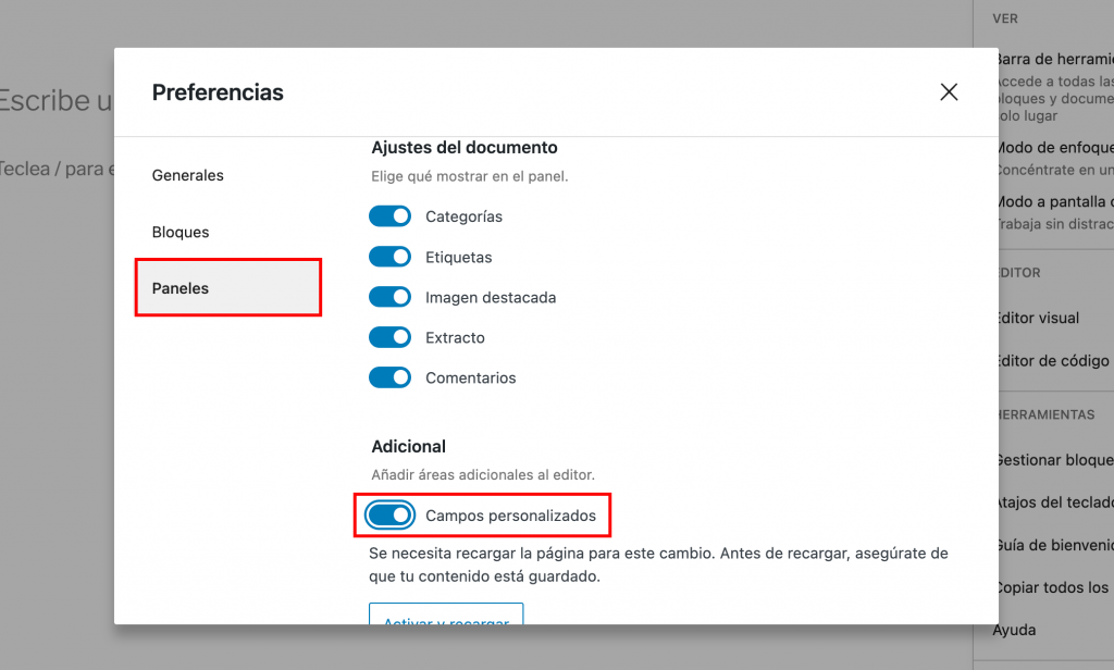Menú de preferencias en el editor Gutenberg