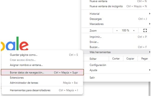 Opción de borrar datos de navegación en google chrome