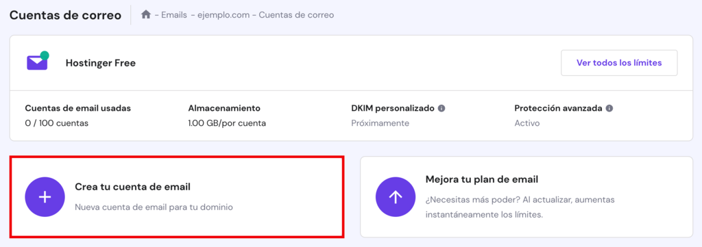Opción de crear cuenta de email en hPanel