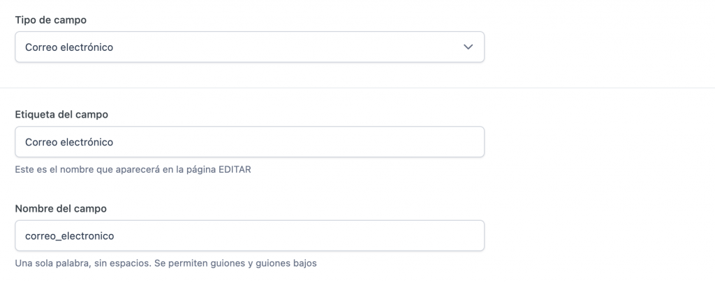 Formulario para crear un nuevo campo de correo electrónico