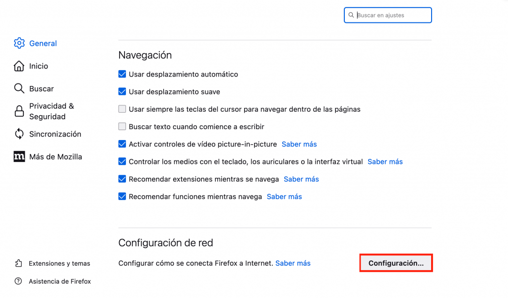 Configuración de red en Firefox