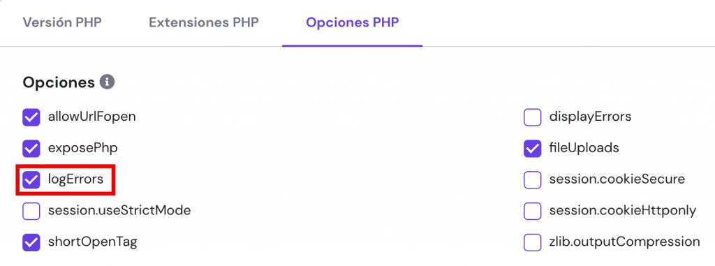 Marcando la casilla logErrors en hpanel