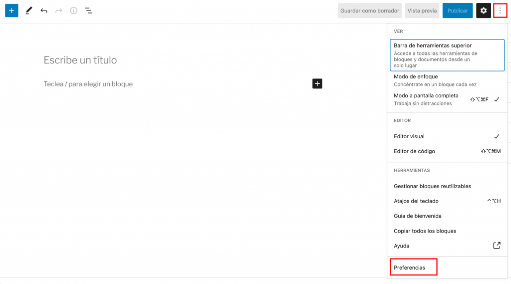 Menú de opciones en el editor Gutenberg
