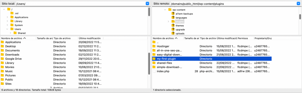 Una captura de pantalla del cliente FTP mostrando dónde crear la carpeta my-first-plugin