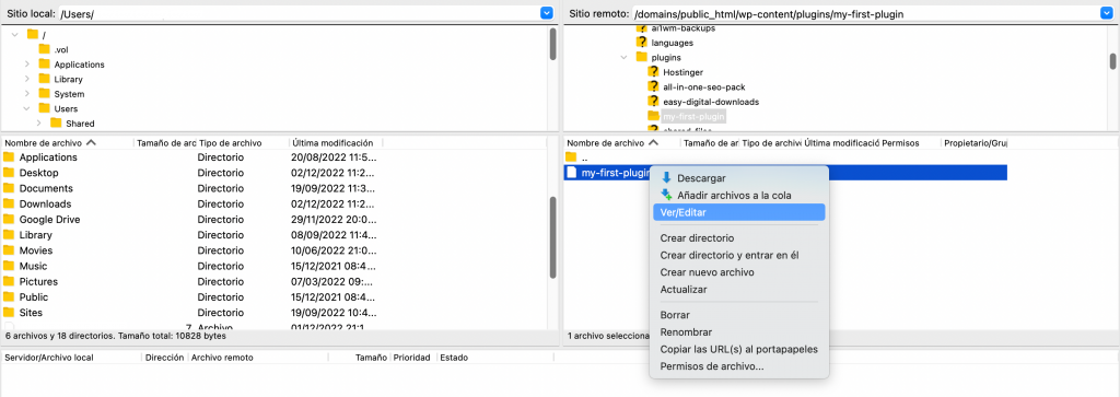 Una captura de pantalla del cliente FTP que muestra cómo ver o editar tu archivo PHP