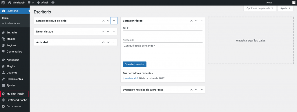 Una captura de pantalla del panel de control de WordPress que muestra tu plugin en la parte inferior del menú de navegación
