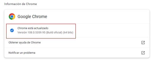 Opción de la información de Chrome para ver las actualizaciones