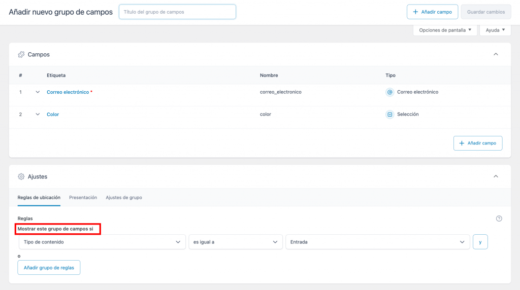 Agregar regla al grupo de campos personalizados
