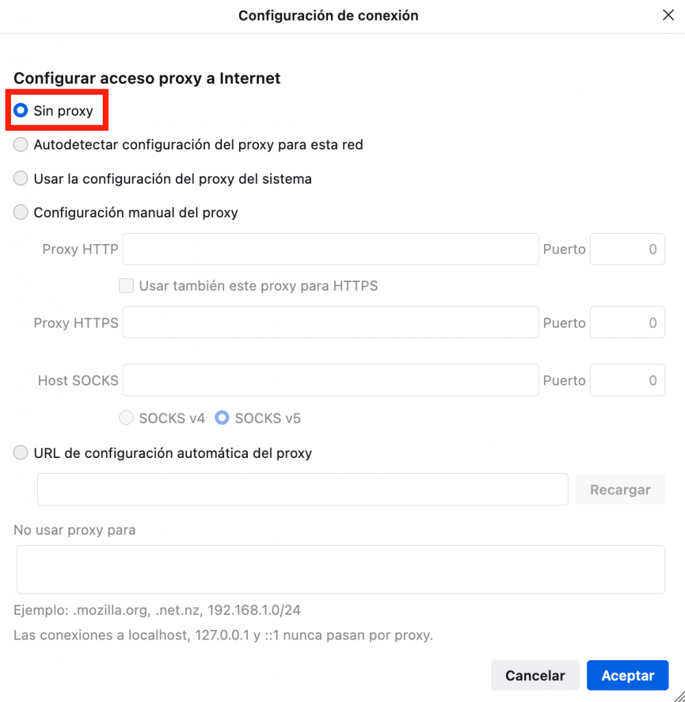 Configuración del proxy en Firefox