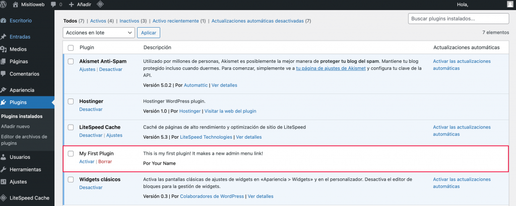 Una captura de pantalla del dahboard de WordPress que muestra dónde encontrar tu plugin
