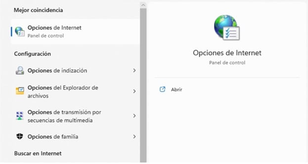 Visualización de la búsqueda de Opciones de Internet en Windows