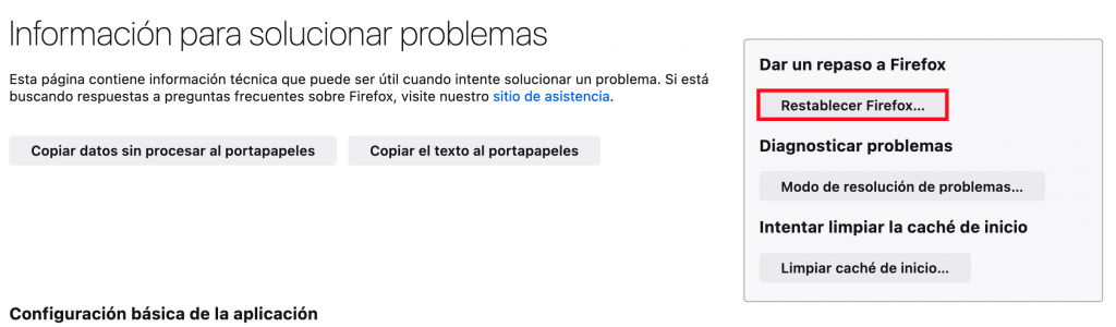 Botón para restablecer Firefox
