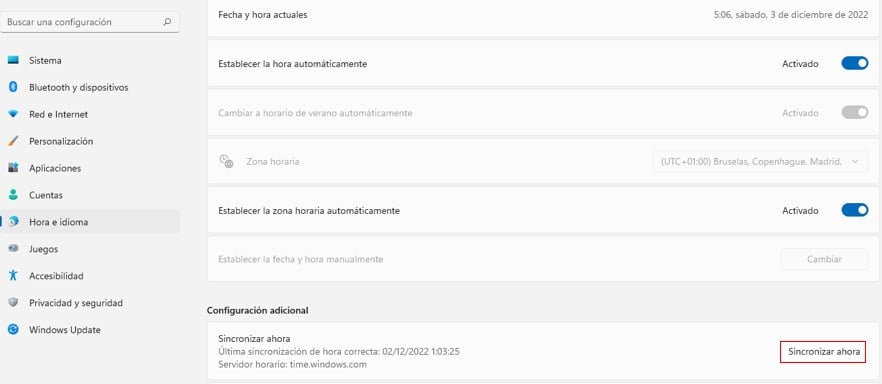 Sincronizar la hora y la fecha en Windows
