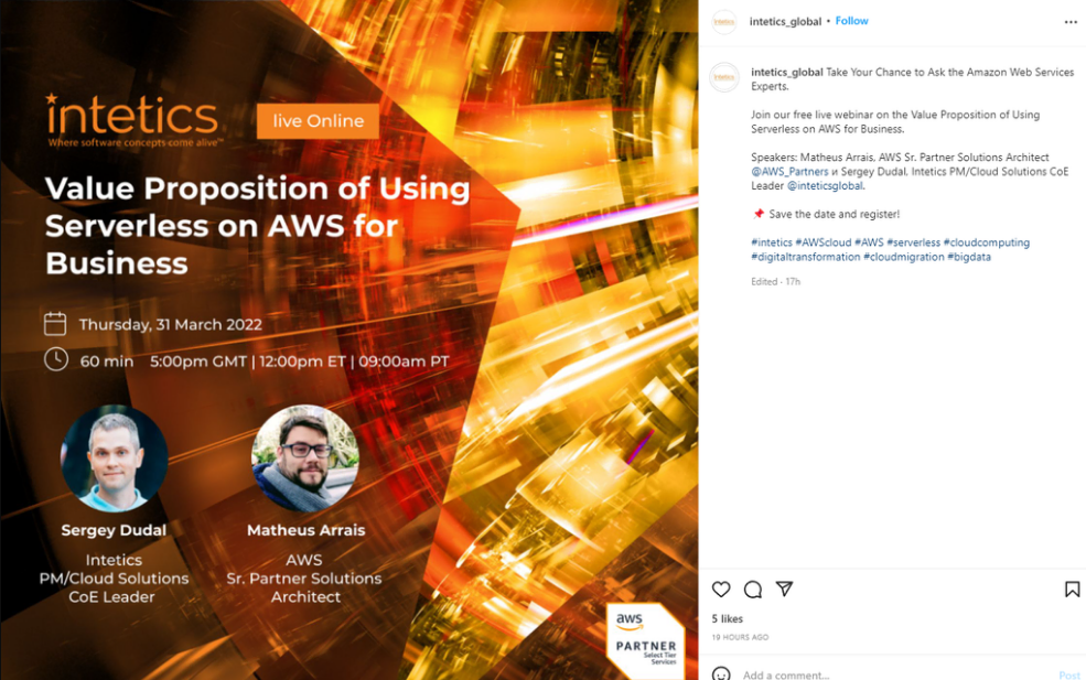 Publicación en Instagram sobre la conferencia web de Intetics