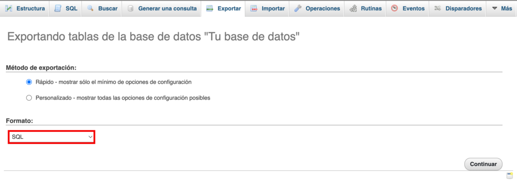 Opción Exportar en phpMyAdmin