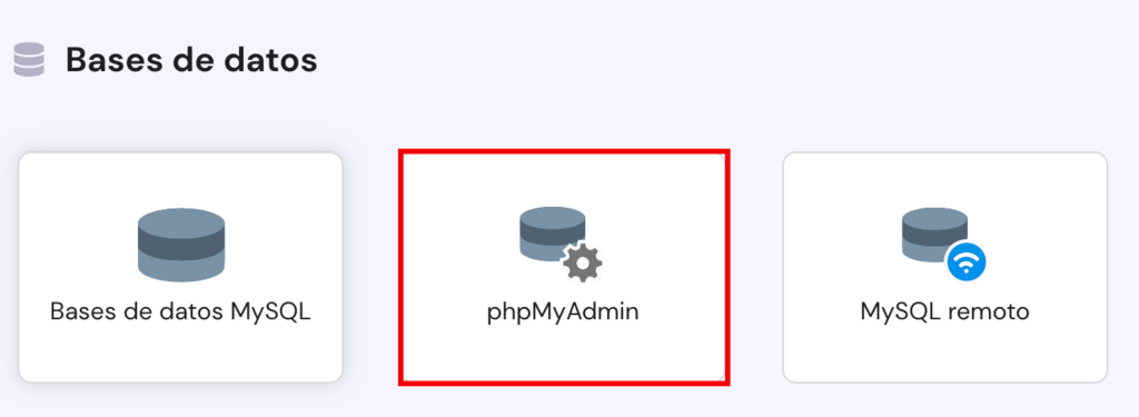 Opción phpMyAdmin en hPanel