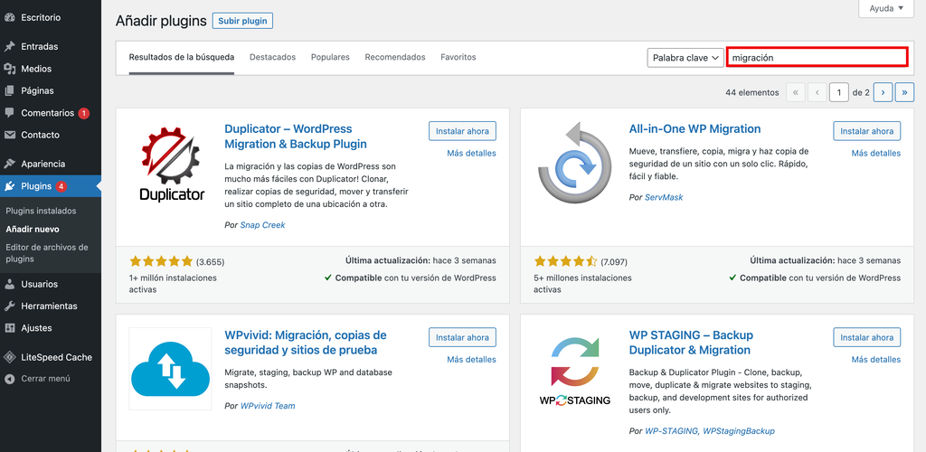 Sección de añadir plugins en WordPress