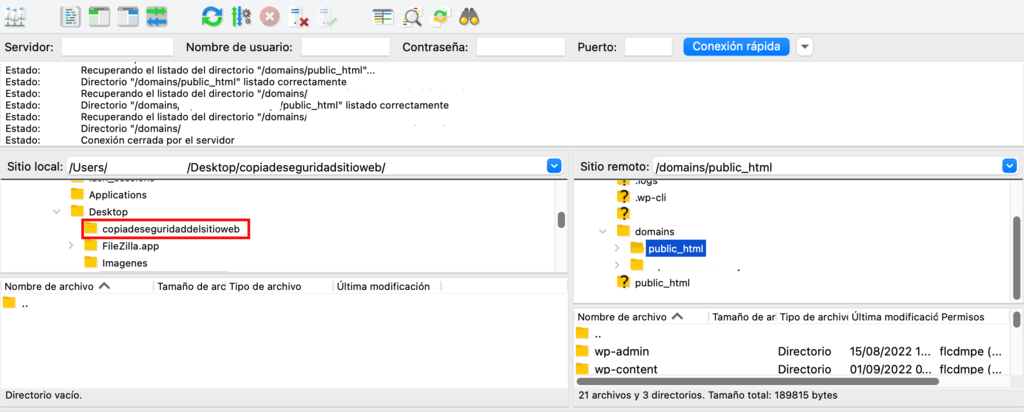 Panel de control de FileZilla