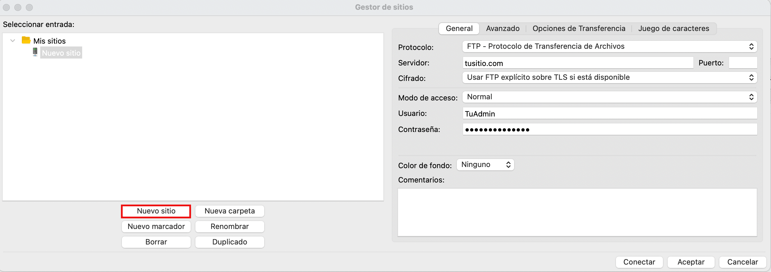 Panel de gestión de sitios en FileZilla