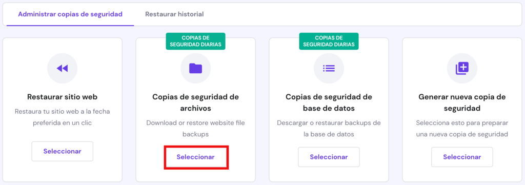 Sección de Administrar copias de seguridad en hPanel