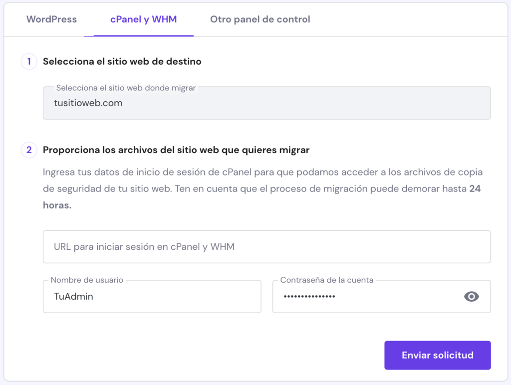 Opciones de migración web en hPanel