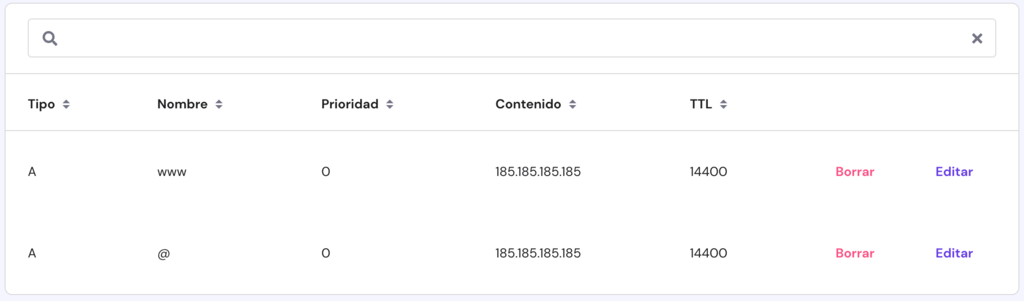 Editor de zona DNS en hpanel