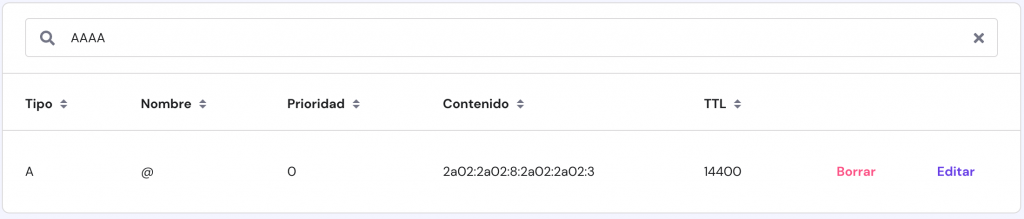 Editor de Zona DNS mostrando AAAA