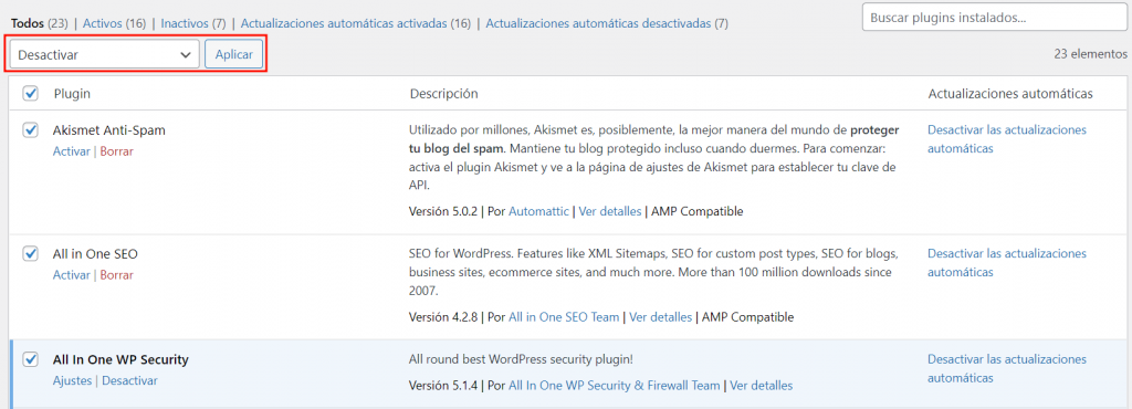 Visualización de la opción para desactivar varios plugins en lote