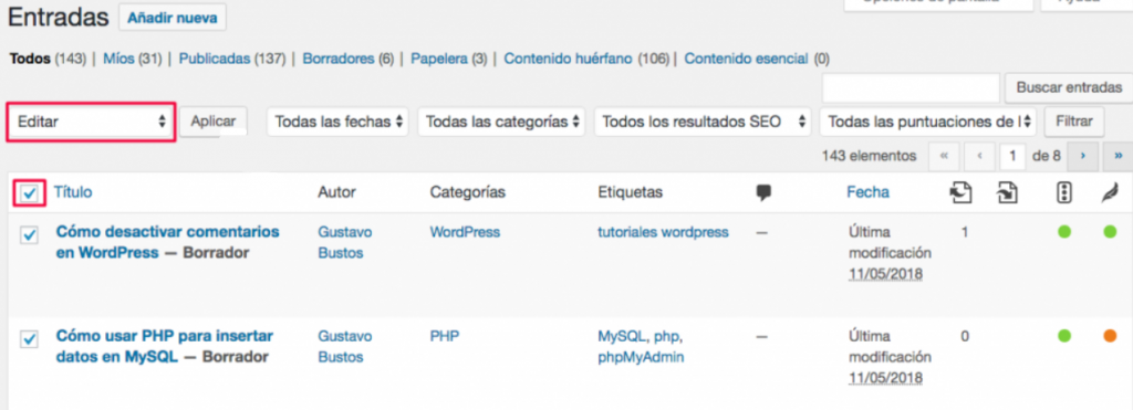 Sección de Entradas de WordPress