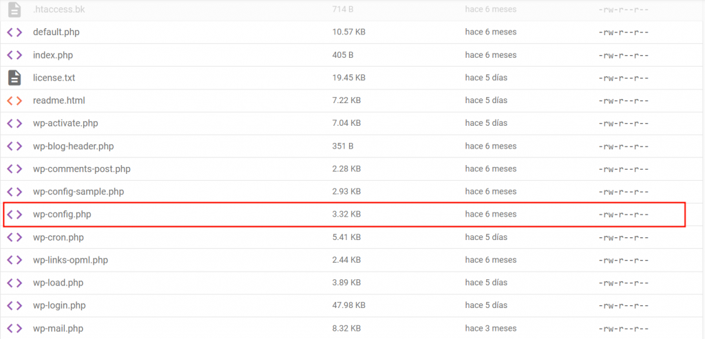 wp-config.php en el administrador de archivos de Hostinger