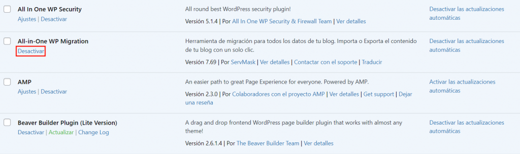 Visualización del botón para desactivar un plugin