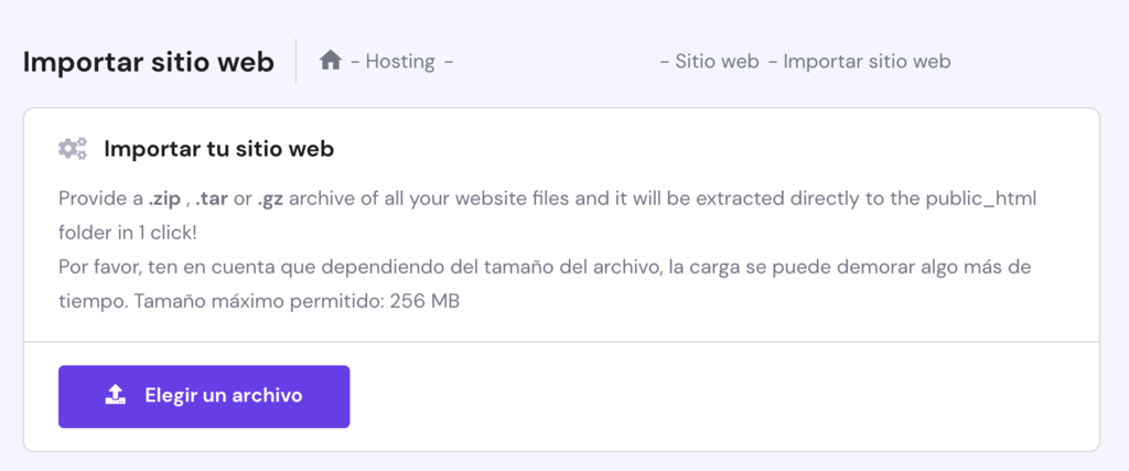 Función de Importar web en hPanel