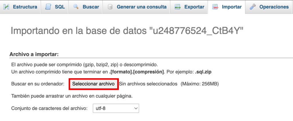 Sección de Importar en phpMyAdmin