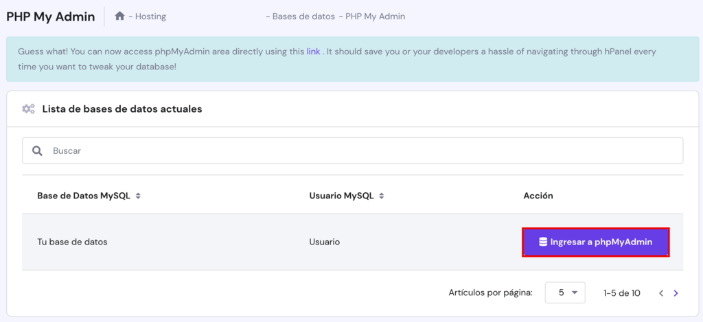 Sección de Lista de bases de datos actuales