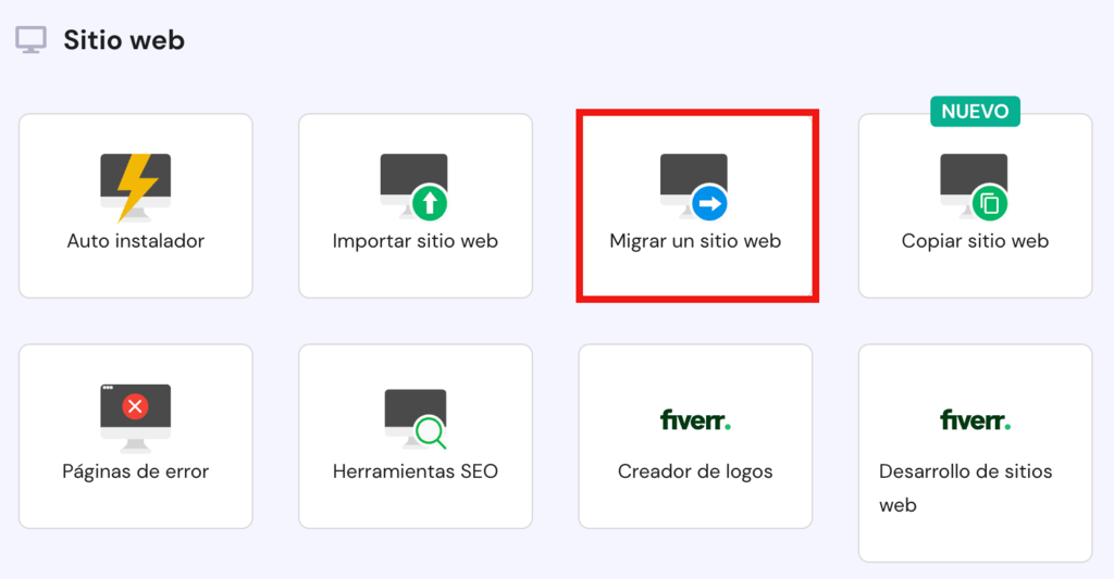 Opción de Migrar un sitio web en hPanel