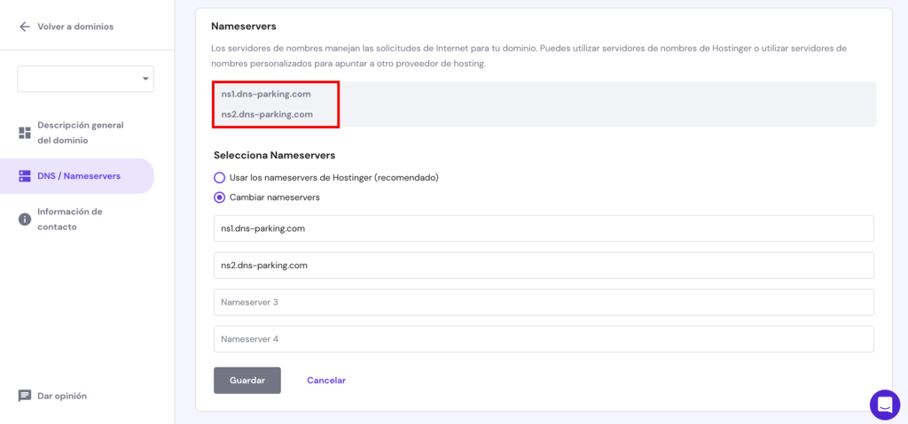 Sección de nameservers en hPanel